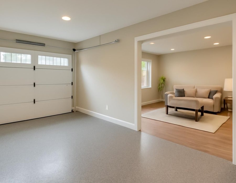 AI concept: Finished two-car garage with a coated floor beside a garage converted into a family room