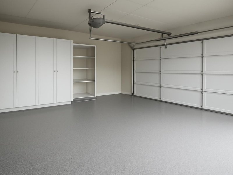 AI concept: An empty finished two-car garage with clean gray epoxy flooring and built-in storage, no vehicles