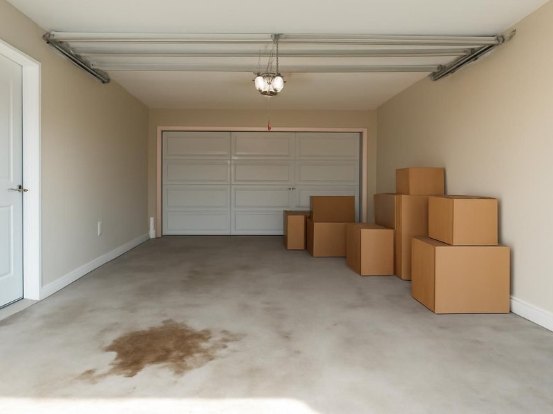 AI concept: Existing condition: two-car garage full of boxes, oil-stained concrete