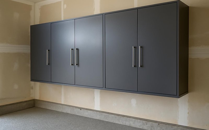 AI concept: Steel garage cabinets on a wall