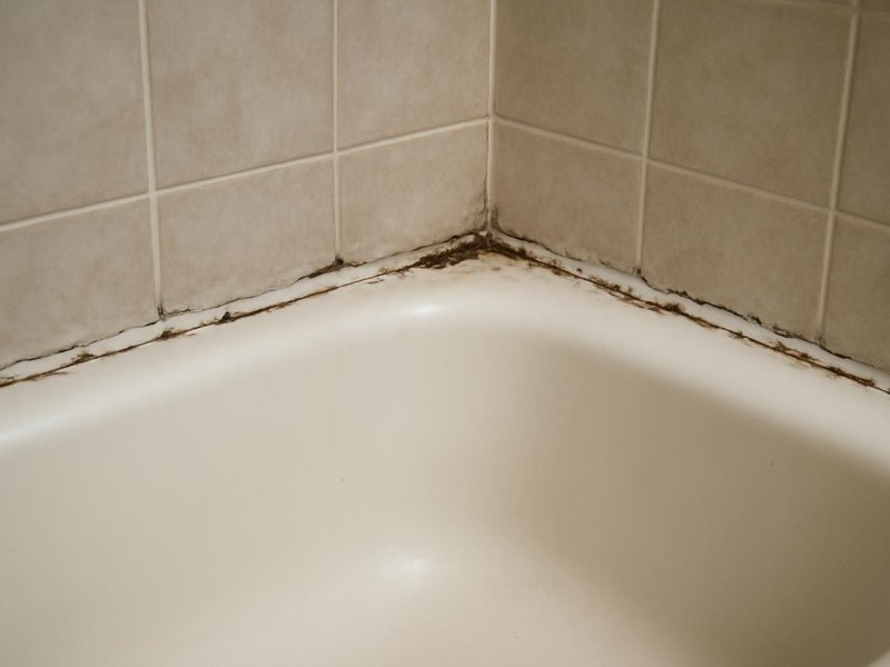 AI concept: Existing condition: moldy, cracked caulk around a bathtub
