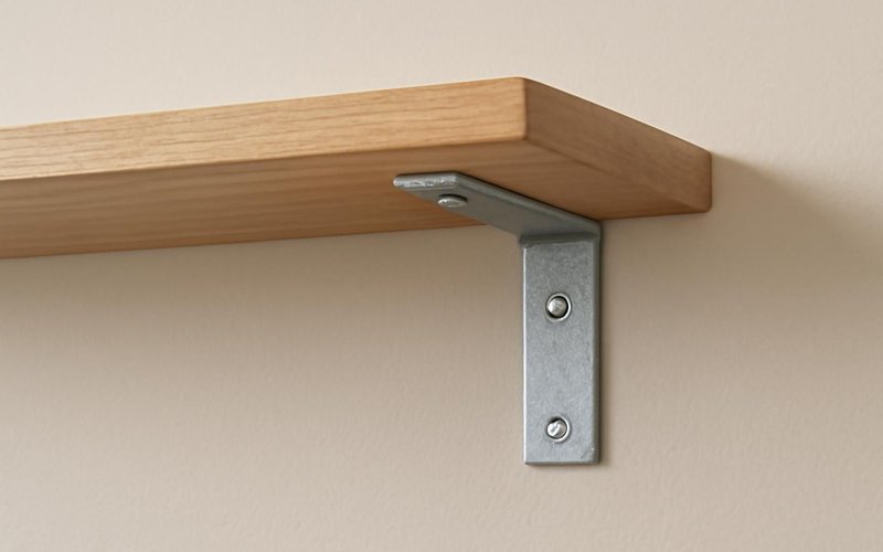 AI concept: A simple steel L bracket correctly supporting a plain wooden wall shelf with screws flush to the wall