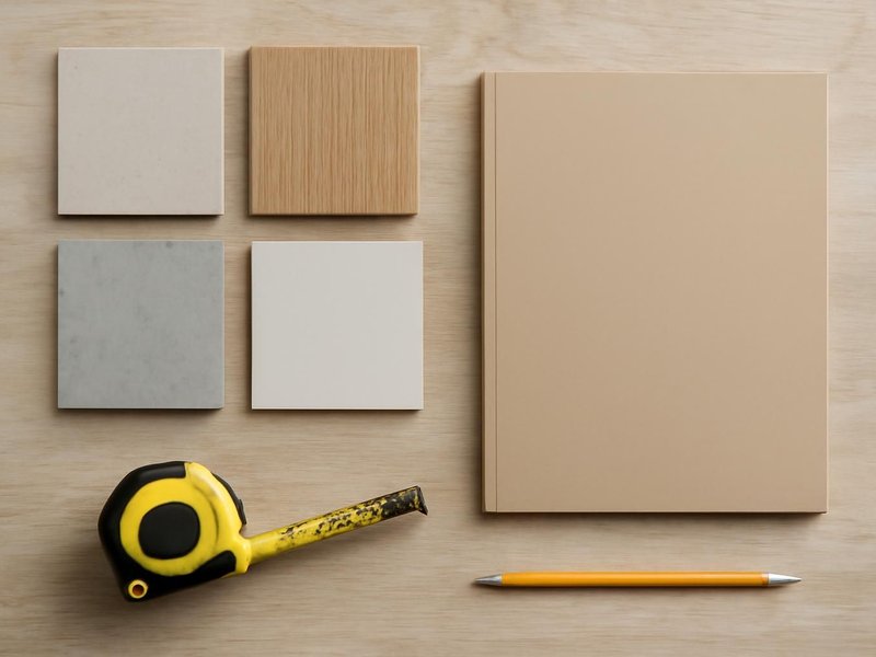 AI concept: A natural close photograph of a remodeling planning worktable for handyman services with appropriate unmarked material samples, pencil, tape measure and a completely blank closed folder. No drawings or paper with markings