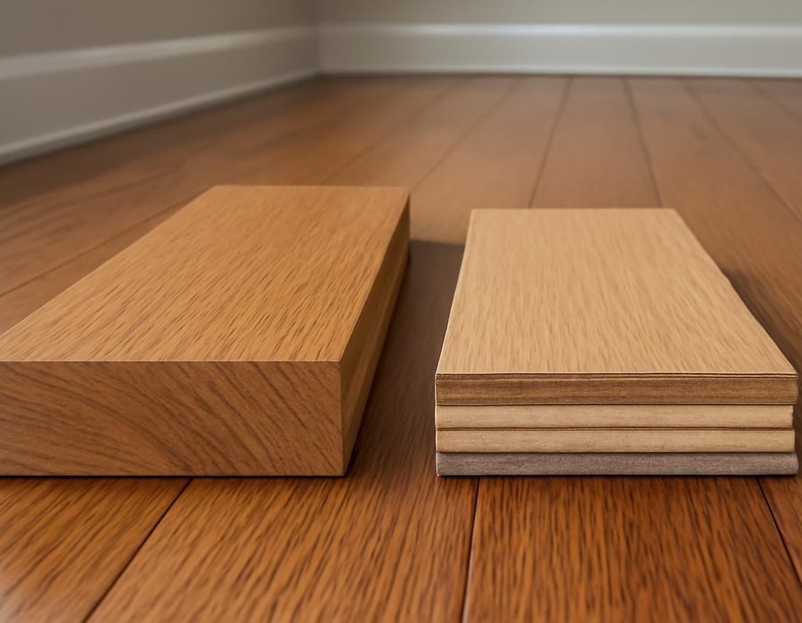 AI concept: Cross-section of a solid oak board beside an engineered oak board with a plywood core