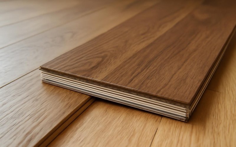 AI concept: Engineered hardwood plank showing its layered core