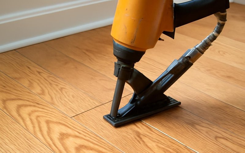 AI concept: Pneumatic flooring nailer driving a cleat