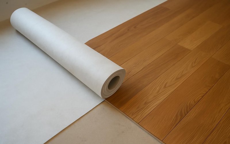 AI concept: Underlayment paper rolled out before hardwood