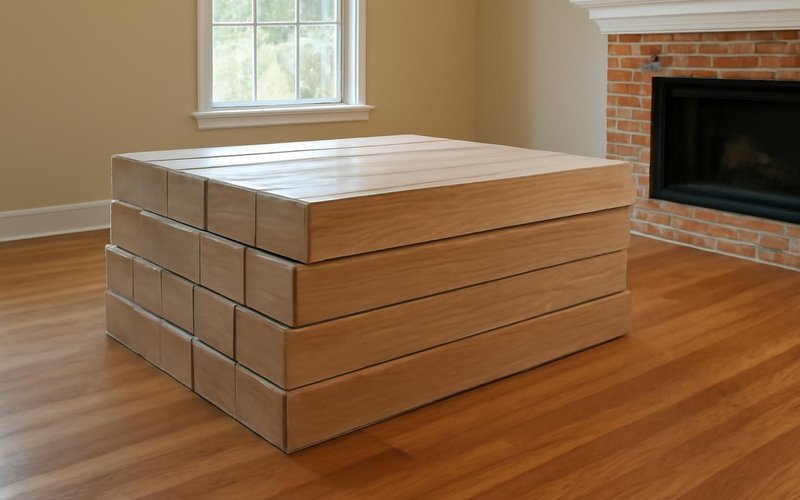 AI concept: Boxes of oak flooring stacked to acclimate in a living room