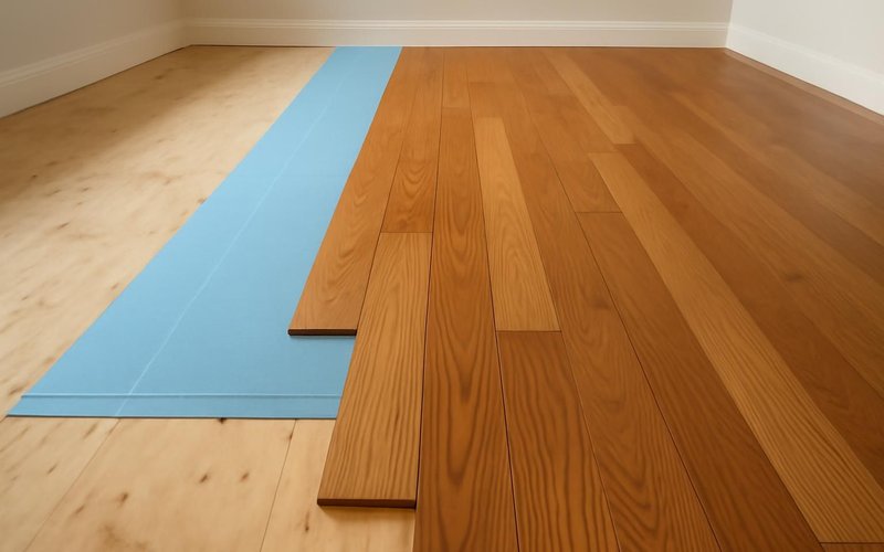 AI concept: Plywood subfloor with underlayment and chalk lines