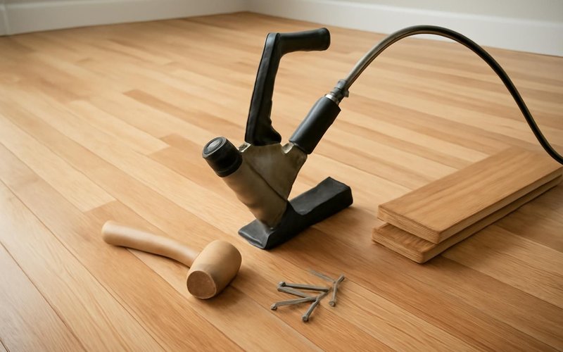 AI concept: Installer nailing hardwood boards with a flooring nailer