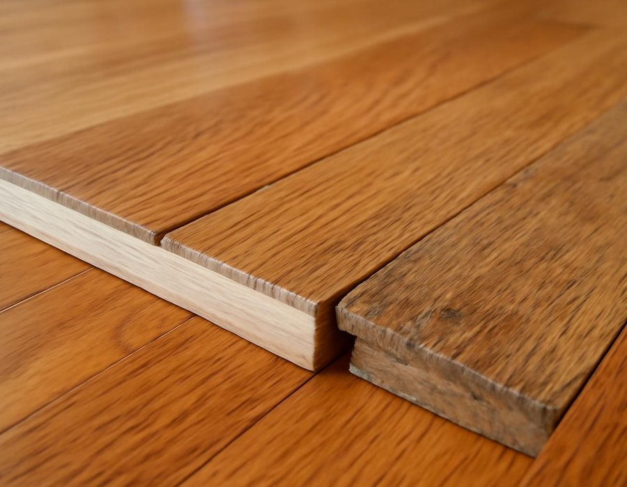 AI concept: Board edge showing a thick sandable wood layer beside a worn board with the tongue exposed