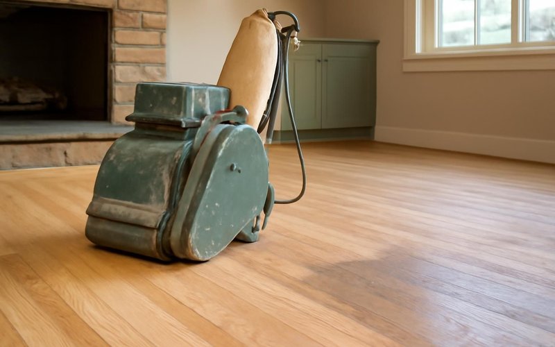 AI concept: Dust-contained drum sander on an oak floor