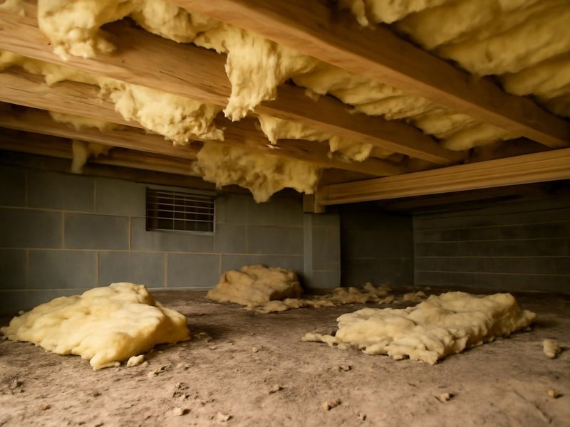 AI concept: Existing condition: vented crawl space with fallen batts and bare dirt