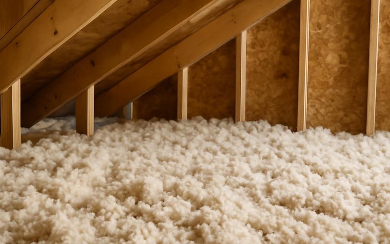 AI concept: Blown fiberglass insulation in an attic