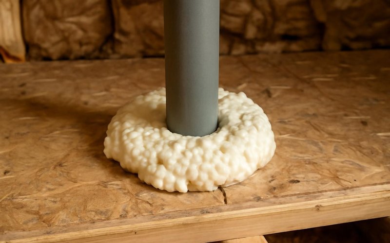 AI concept: Foam sealant around a pipe in an attic floor