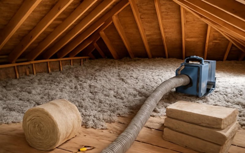 AI concept: Crew blowing cellulose into an attic