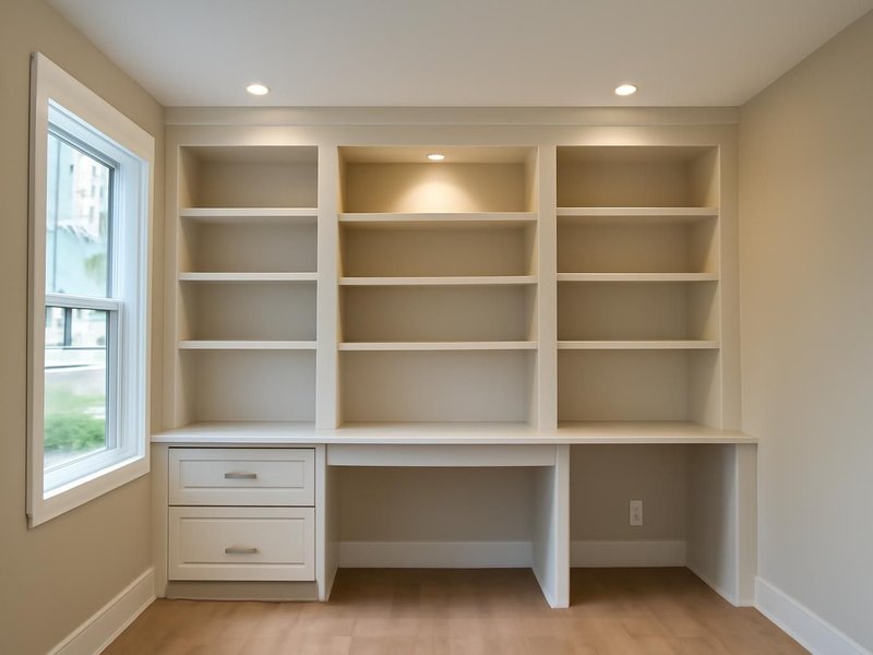 AI concept: Remodeled idea: office with a built-in desk wall, shelving and recessed lights