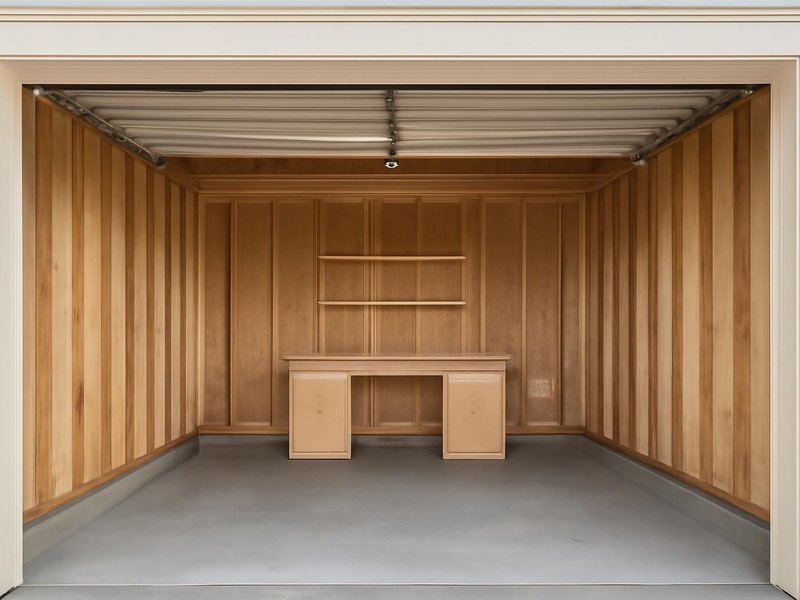 AI concept: Existing condition: one-car garage bay with bare concrete and exposed studs