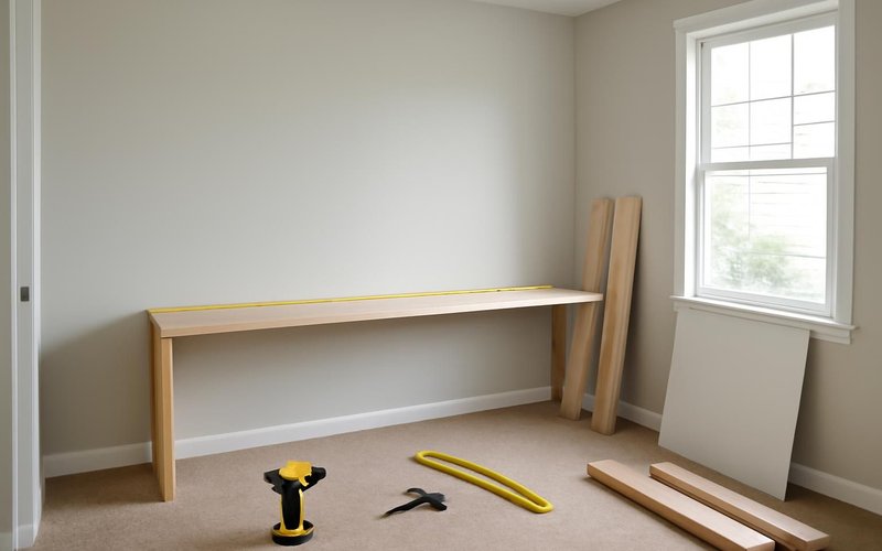 AI concept: Supervisor measuring a spare bedroom for a desk wall