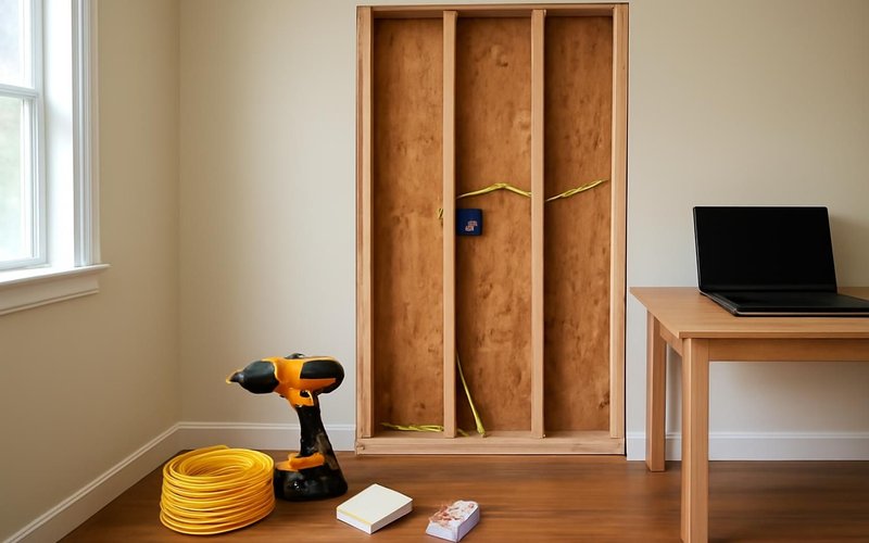 AI concept: Electrician running a new circuit in an open office wall