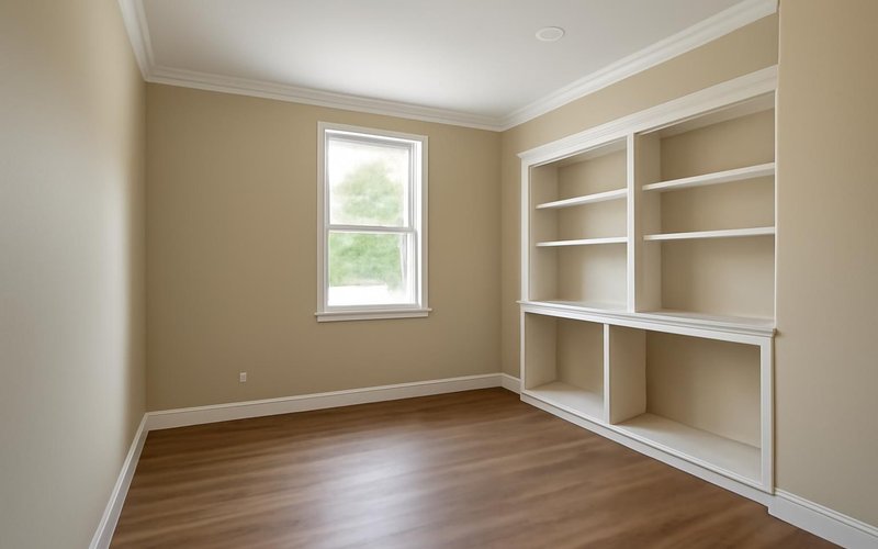 AI concept: Painted office with new flooring before the built-ins