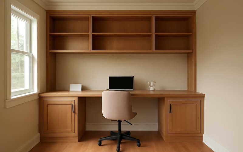 AI concept: Finished home office with a built-in desk wall
