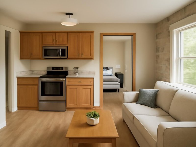 AI concept: Remodeled idea: rentable one-bedroom apartment with a window where the door was
