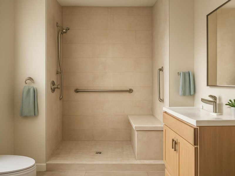 AI concept: Remodeled idea: step-free shower with a bench, handheld spray and bars matching the faucet