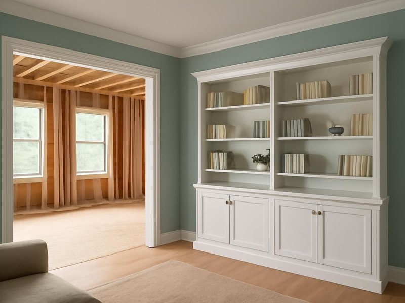 AI concept: Remodeled idea: painted built-in bookcases with crown and baseboard tied into the room's trim