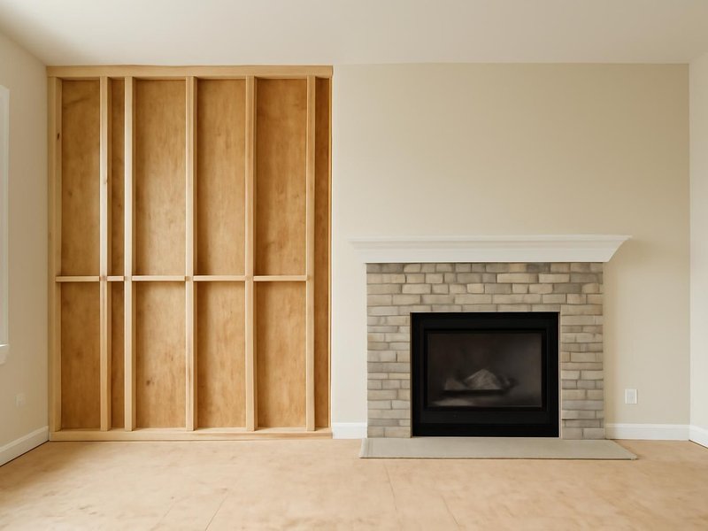 AI concept: Existing condition: bare living room wall beside a fireplace