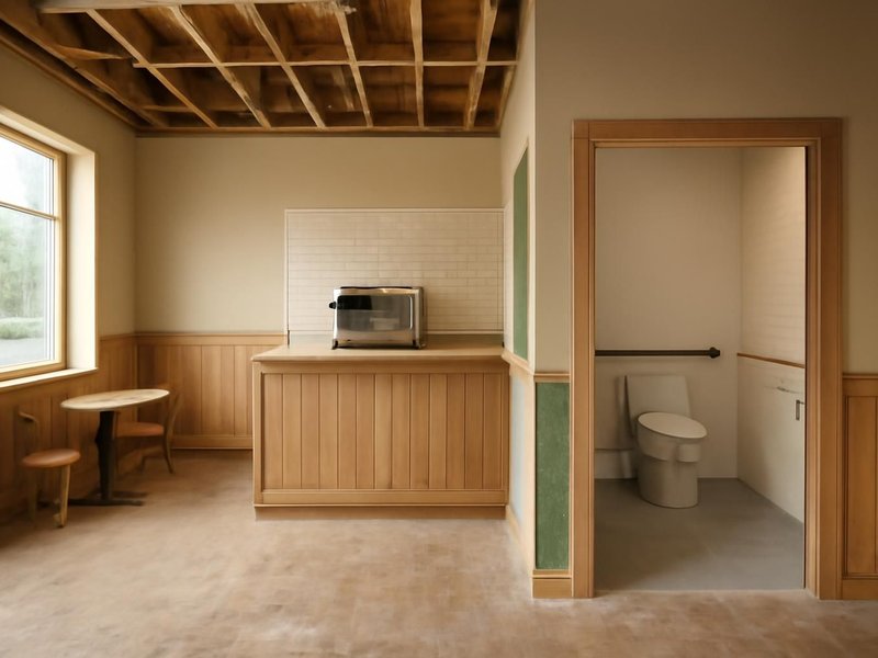 AI concept: Existing condition: cafe with worn floors and a restroom too small for a wheelchair