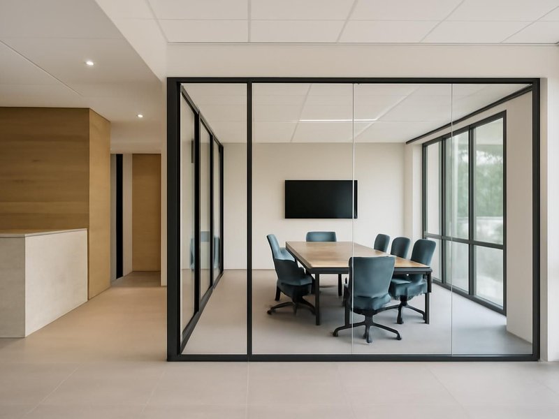 AI concept: Remodeled idea: built-out suite with glass-front offices and a conference room