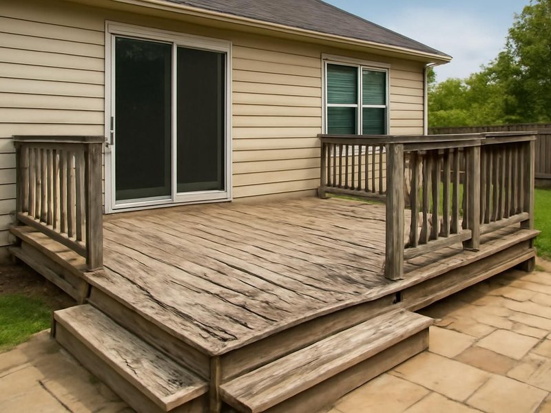 AI concept: Existing condition: weathered wood deck with loose rails and splintered boards