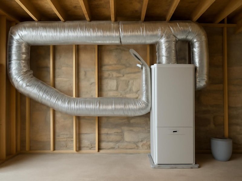 AI concept: Remodeled idea: basement with a heat pump air handler, sealed ducts and no tank