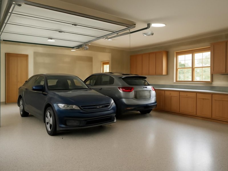 AI concept: Remodeled idea: insulated garage with a flake floor, cabinets and two cars inside