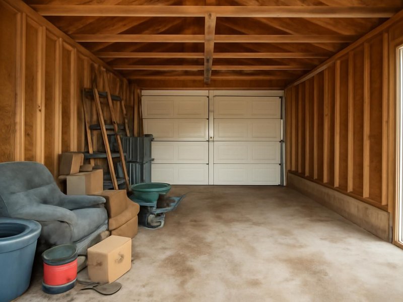 AI concept: Existing condition: cluttered two-car garage with bare studs and a stained floor