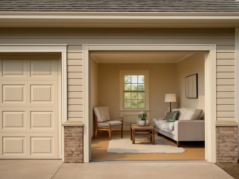 AI concept: Remodeled idea: warm guest room level with the house, siding where the door was
