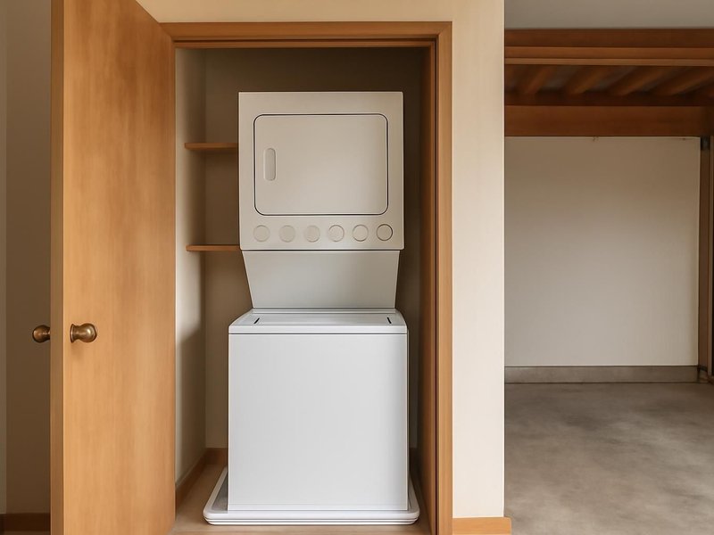 AI concept: Remodeled idea: stacked washer and dryer in the old closet with a drain pan and shelf