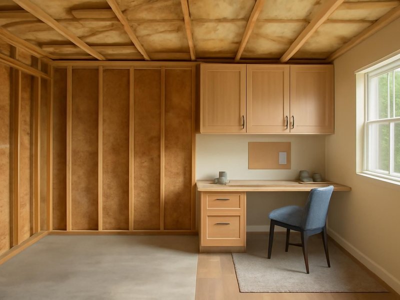 AI concept: Remodeled idea: insulated garage office with a window, flooring and a built-in desk
