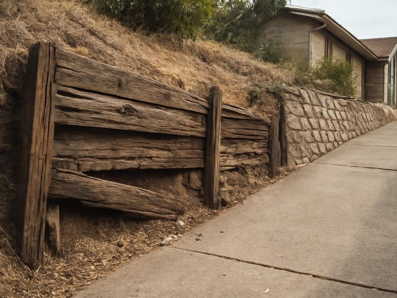 AI concept: Existing condition: rotting timber wall leaning over a sloped driveway