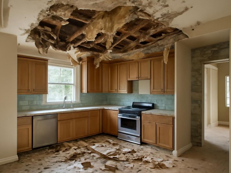 AI concept: Existing condition: kitchen ceiling collapsed by water from a burst pipe upstairs