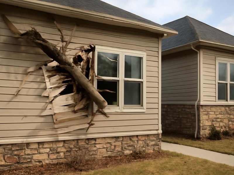 AI concept: Existing condition: side wall hit by a fallen limb with broken windows and torn siding