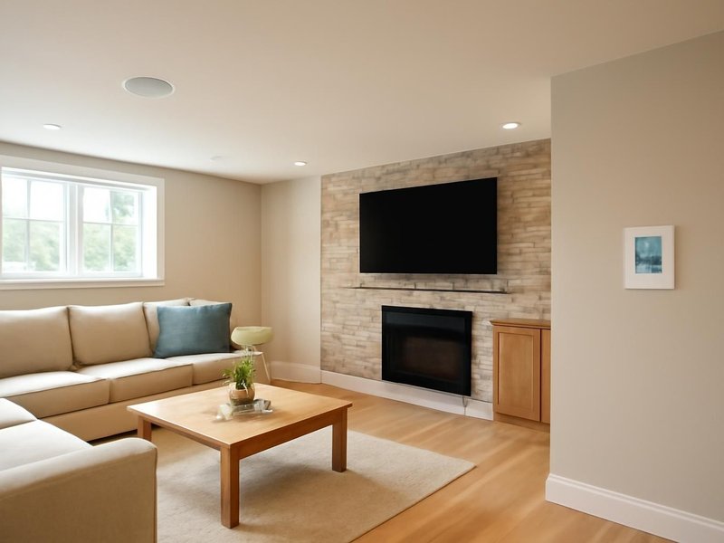 AI concept: Remodeled idea: finished basement with in-ceiling speakers and a wall keypad