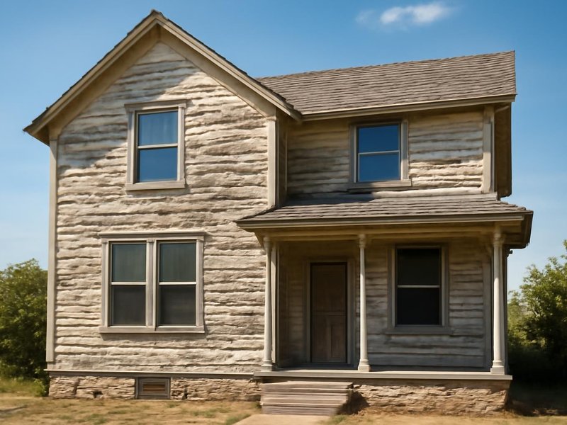 AI concept: Existing condition: two-story wood house peeling to bare gray wood on the sunny side
