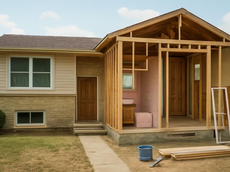 AI concept: Existing condition: split-level house with dated pink bathrooms, worn carpet and oak cabinets
