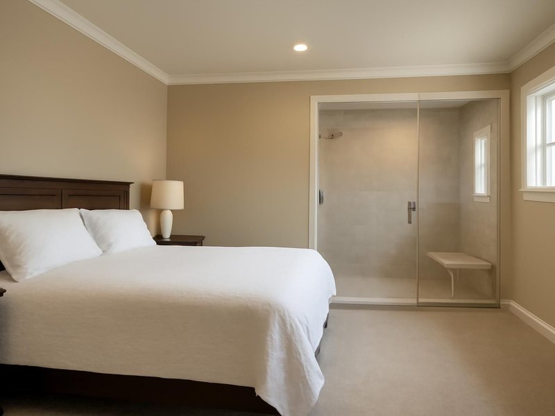 AI concept: Remodeled idea: bedroom suite with a curbless shower and a bench