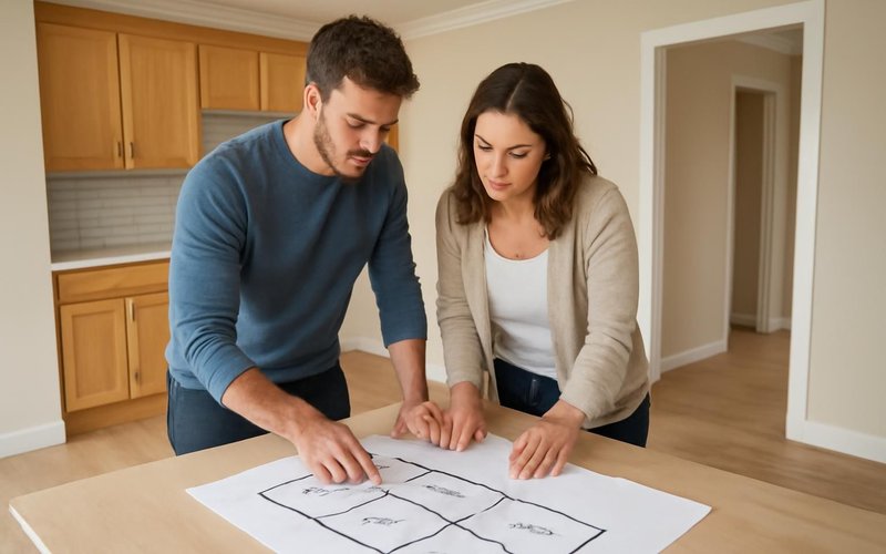 AI concept: Family reviewing an in-law suite floor plan