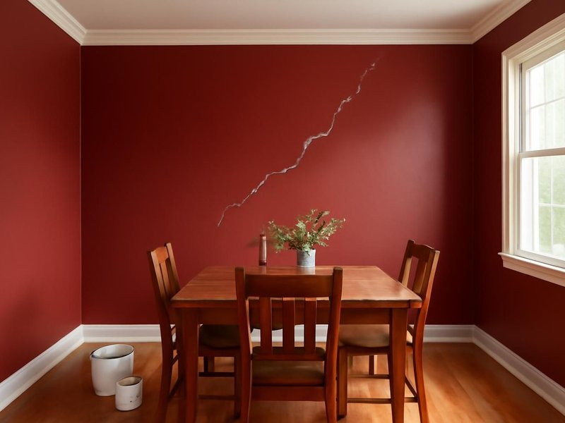 AI concept: Existing condition: dark red dining room with a cracked plaster wall