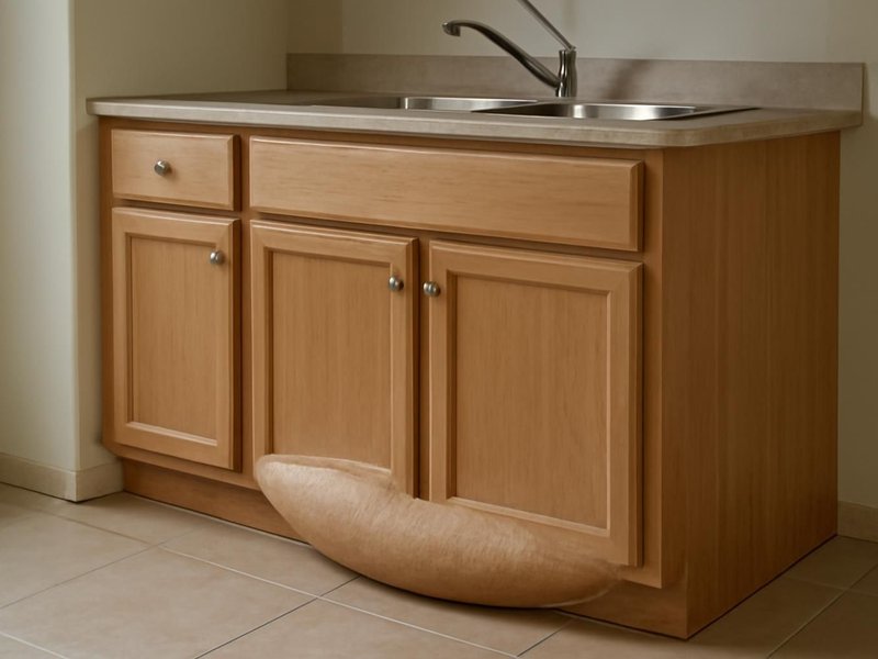 AI concept: Existing condition: particleboard sink cabinet swollen from a dishwasher leak