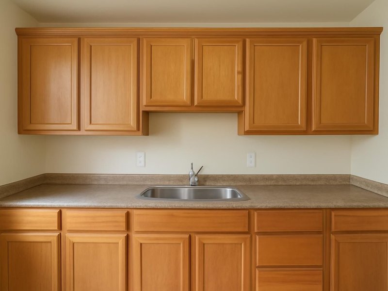 AI concept: Existing condition: honey oak cabinets stopping a foot short of the ceiling